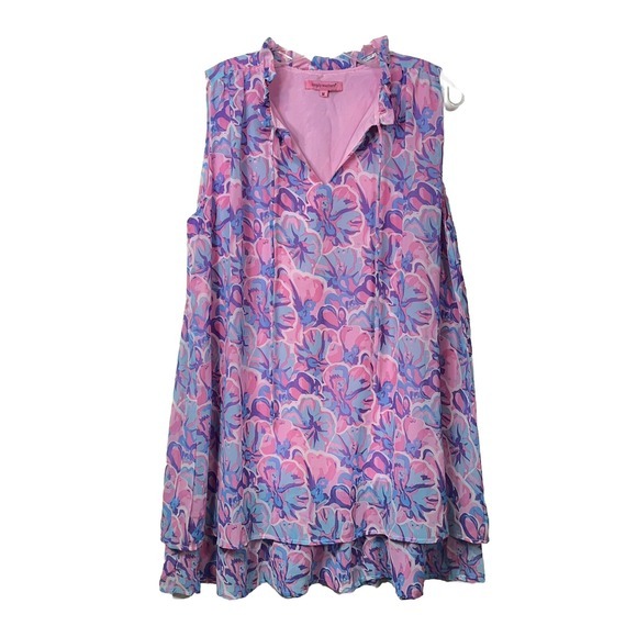 Simply Southern Ruffle Neck Tunic Top Womens Size M‎ Tropical Pink/Purple/Blue - Picture 1 of 8